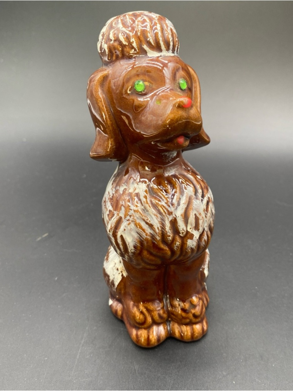 Vintage Redware Poodle. Green Rhinestone Eyes